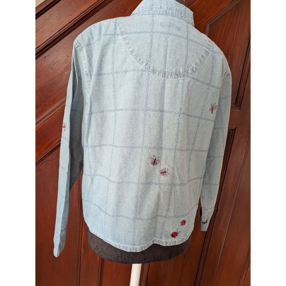 Christopher & Banks XL Denim Embroidered Button-Up Shirt Dragonflies Ladybugs - Picture 2 of 10